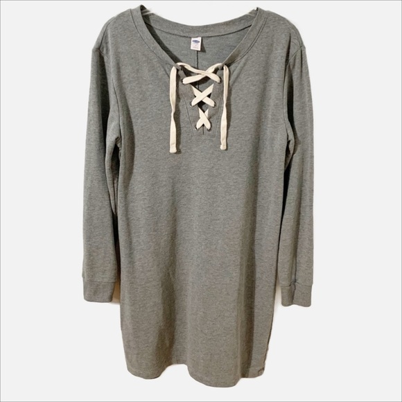 Old Navy Lace Up Fleece Long Sleeve Midi Shirt Dress Cuffed Sleeves Heather Gray - Picture 1 of 10